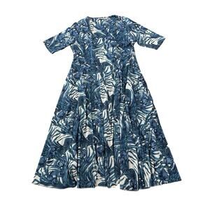 Peruvian Connection Gallipoli Midi Dress Size L Blue Marine Floral Cotton Flared